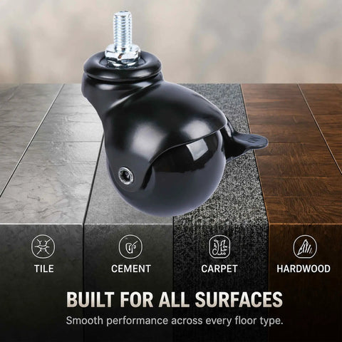 Set Of Four 2 Inch Swivel Ball Casters With Locking Brake M8x15mm Grip Neck Stem For Hassle Free Furniture Upgrade Durable E Coated Black Wheels on various floor surfaces.
