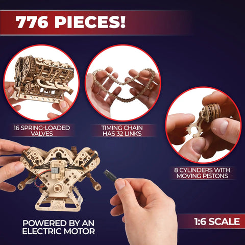 One Six Scale V8 Engine Wooden Model Kit For Adults With Moving Pistons Cam Shafts And Serpentine Belt 3D Mechanical Puzzle Hands On Diy Kit Functional Engine Replica With Electric Motor 776 Piece Count, 1:6 scale wooden engine