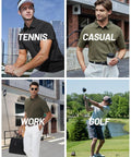 Four men wearing polo shirts in various settings: tennis, casual, work, and golf.