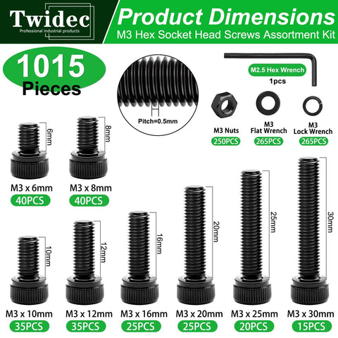 Workhorse M3 Screw Assortment Kit Featuring 1015 Hex Socket Cap Head Screws straight up with various sizes and accessories.
