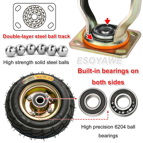 Heavy Duty Pneumatic Swivel Caster Wheels 4 Pack Built Tough showing double-layer steel ball track and high precision ball bearings.