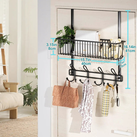 Over The Door Hooks Organizer With Basket And 12 Coat Hooks Grab And Go Door Hanger Storage Rack installed on door