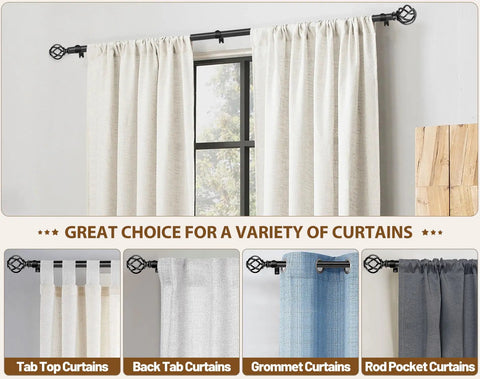 Black Curtain Rods Extendable From 32 To 144 Inches Heavy Duty 1 Inch Drapery Rod With Twisted Cage Ends displayed with various curtain styles