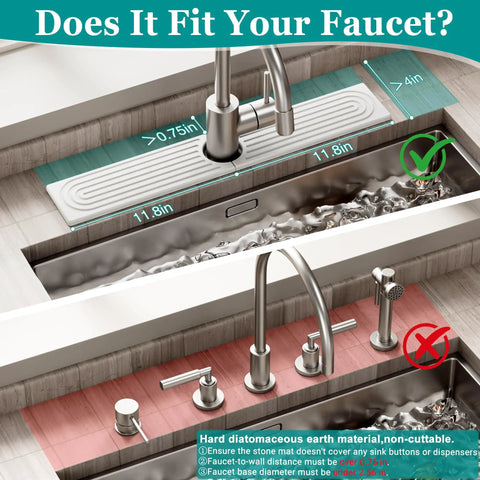 Nobody Likes A Wet Counter So Upgrade Your Wash Station With This Slick Diatomite Stone Faucet Mat That Instantly Soaks Up Water To Keep Your Kitchen Sink Drip Free And Totally Stress Free Forever, showing dimensions and fit guide.