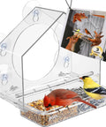 Clear view of 2026 Window Bird Feeder with windproof tray lock and strong suction cups, featuring removable tray, cardinal and finch feeding.