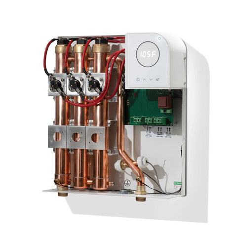 Tankless Hot Water Heater Saving Major Bucks With A Steady 4.5 Gpm Output At 27 Kilowatts On 240 Volts interior components view.