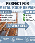 Image comparing metal roof condition before and after using 1 Roll EPDM Rubber Roofing Membrane 50 Mil Thick 39 By 15 Ft White Vulcanized Sheet.