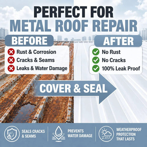 Image comparing metal roof condition before and after using 1 Roll EPDM Rubber Roofing Membrane 50 Mil Thick 39 By 15 Ft White Vulcanized Sheet.
