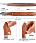 Heavy Duty Woodworking Marking Knife Pro Scribing Gauge Featuring Knockout Sharp High Carbon Steel Double Beveled Blade And Comfort Grip Handle shown with leather sheath and dimensions.