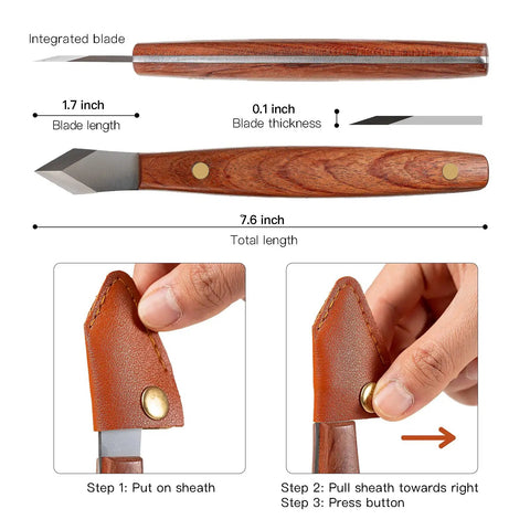 Heavy Duty Woodworking Marking Knife Pro Scribing Gauge Featuring Knockout Sharp High Carbon Steel Double Beveled Blade And Comfort Grip Handle shown with leather sheath and dimensions.