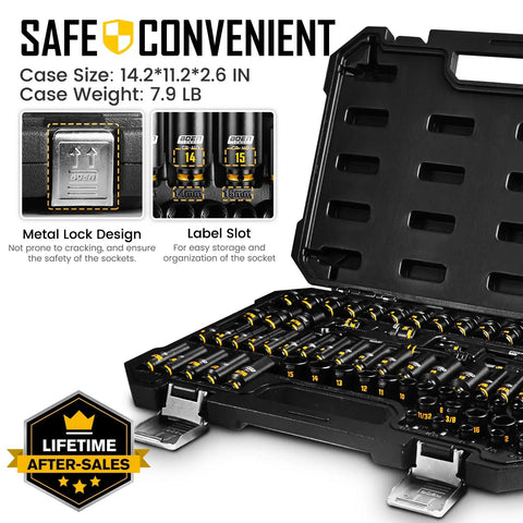 Quarter Inch Drive Impact Socket Set - 74 Piece SAE and Metric Deep and Shallow Sockets With Painted Markings, storage case open
