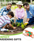 Family gardening with Weed Puller Tool With Metal Leverage Base And V Shaped Fork in flower bed, child handing gift in garden setting
