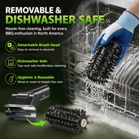 Cordless USB Rechargeable Grill Brush with dishwasher-safe detachable head being rinsed for cleaning.