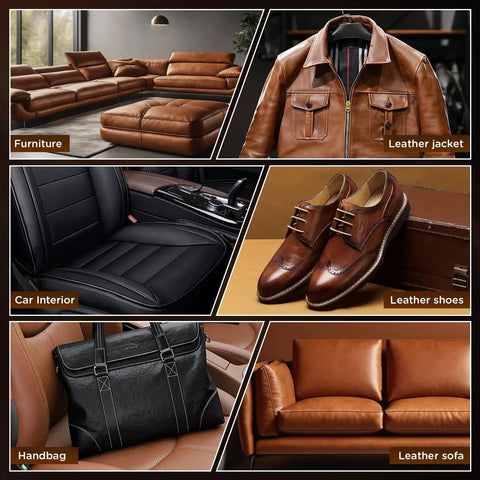 Black Leather And Vinyl Repair Kit For Car Interiors Home Furniture Couches And Kicks Easy No Fuss Quick Fix For Scratches Tears And Scuffs Gets Your Gear Straight Back To Life Fast, showcasing various leather items and furniture.