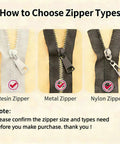 Image of three zippers types: resin, metal, and nylon, suitable for the Three In One Zipper Repair Kit With Anti Slip Lock Sliders.