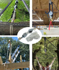 Collage of Beefy 2 Ton Rope Hoist Pulley Kit lifting various objects with 65 ft poly rope and 7:1 wheel block in different settings.