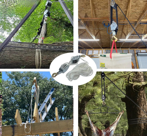 Collage of Beefy 2 Ton Rope Hoist Pulley Kit lifting various objects with 65 ft poly rope and 7:1 wheel block in different settings.