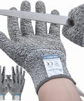 3 Pairs Cut Resistant Gloves HDPE Food Grade Level C EN388 demonstration with knife, showing glove texture and dexterity.
