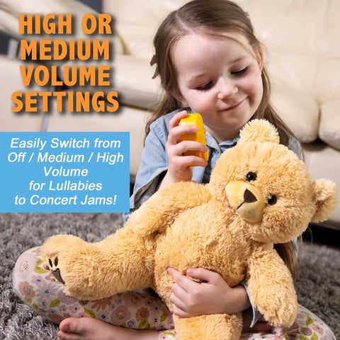 Child with Plug And Play MP3 Sound Module For Stuffed Animals With Extended Two Hour Recording Time, controlling toy bear.