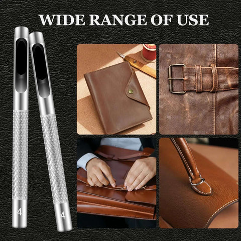 6 Piece Hollow Leather Hole Punch Set With 1.5mm To 4mm Sizes, Pro Grade Durable Carbon Steel Tools in use with leather crafts