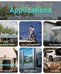 Collage showing 12V 15Ah LiFePO4 Battery With 3000 Plus Deep Cycles applications: solar panels, trolling motor, camera, speaker, gate opener, camping.
