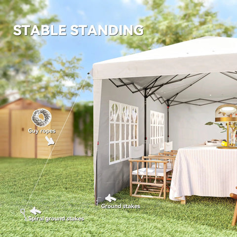 10x20 Pop Up Canopy Tent With Four Sidewalls set up in a backyard with table and chairs, showing stability features