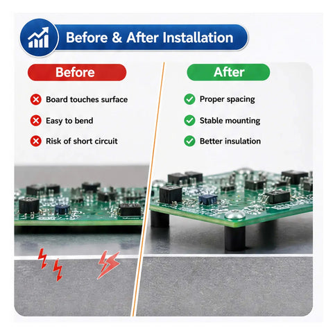 Before and after installation comparing PCB board with no spacers to one using Three Hundred Piece Abs Round Spacers Kit For PCB Boards Electronics Standoff Hardware Various Sized Hella Durable Plastic Mounting Accessories Pro Level Setup For Smooth Circuit Board Assembly And Rigged Up Custom Builds.