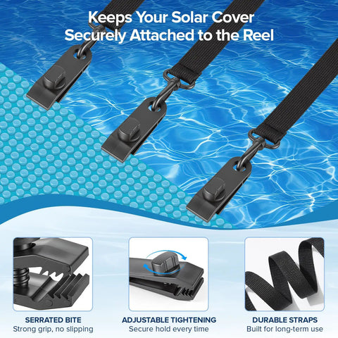 Heavy Duty Universal Pool Solar Cover Strap Kit Ten Sets close-up of durable straps and clips securing solar cover to reel.