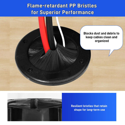 Beat The Wire Chaos With 2 Pack Round Brush Grommets 4 Inch Split Plate For Smooth Cord Routing Raised Floor Cable Manager Plus Dust Blocker showing flame-retardant bristles.