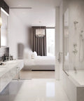 Luxury bathroom with marble surfaces, dual sinks, glass shower; showcases modern design suitable for Carrington Shower Valve Trim.