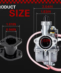 26mm Performance Carburetor Beefed Up For 212cc 224cc 196cc Engines And GX160 GX200 6.5HP with size measurements