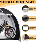 Interior view of Waterproof Bike Shed Tent For Two Bikes, 6.6Ft Outdoor Storage With Window Design, showing features and bikes inside.