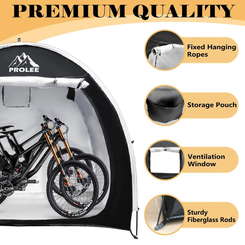 Interior view of Waterproof Bike Shed Tent For Two Bikes, 6.6Ft Outdoor Storage With Window Design, showing features and bikes inside.