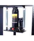 6 Ton H Frame Hydraulic Shop Press For Car Repair And Garage Use Floor Mounted Heavy Duty Must Have Beefed Up For Bending Straightening Pressing Bearings U Joints Bushings Ball Joints Pulleys Black showing front view of spring-loaded mechanism.