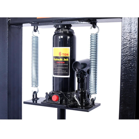 Heavy Duty 6 Ton Hydraulic H Frame Shop Press With Adjustable Height And Pressure Relief Valve For Grease Monkey Bearing Pull Auto Repair And Sheet Metal Work showing hydraulic jack with springs and controls.
