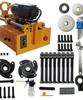 Front view of Yokoma 110V portable line boring machine with 4.92 ft drilling bar, yellow frame and accessories.