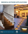 Indoor and outdoor use of Six Pack Dimmable LED Step Lights with IP65 rating, showcasing stair lighting with black aluminum finish.