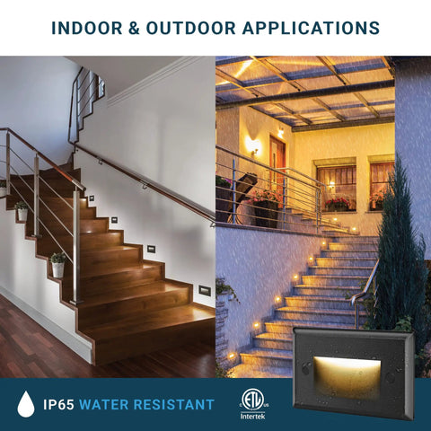 Indoor and outdoor use of Six Pack Dimmable LED Step Lights with IP65 rating, showcasing stair lighting with black aluminum finish.