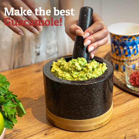 Heavy Duty 100 Percent Natural Granite Mortar And Pestle Set With Bamboo Base 2 Cup Capacity Black Stone Grinder For Guacamole
