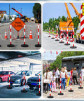 Nine Pack Traffic Delineator Cones With Base Set Red Plastic Safety Cones For Parking Lot Use Includes Six Point Six Feet Link Chain And S Hooks Stanchion Style Barriers For Easy Area Demarcation shown in various street and parking lot setups.