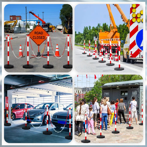Nine Pack Traffic Delineator Cones With Base Set Red Plastic Safety Cones For Parking Lot Use Includes Six Point Six Feet Link Chain And S Hooks Stanchion Style Barriers For Easy Area Demarcation shown in various street and parking lot setups.