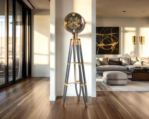 Top Shelf Retro Hollywood Inspired Tripod Floor Clock With Solid Wood Stand, Satin Black Finish, Aged Bronze Accents, Smooth Operator Gear Dial, Real Deal Vintage Flex Piece For Modern Living Spaces in a stylish living room.