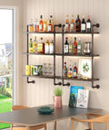 Rustic Three Tier Industrial Pipe Floating Shelves Straight Fire Modern Farmhouse Vibe With Sturdy Iron Metal Rack For Bathroom Kitchen Storage And Vintage Decor, displaying bottles and glasses.