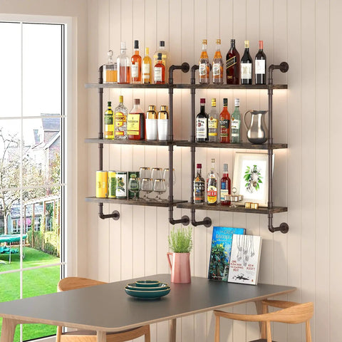 Rustic Three Tier Industrial Pipe Floating Shelves Straight Fire Modern Farmhouse Vibe With Sturdy Iron Metal Rack For Bathroom Kitchen Storage And Vintage Decor, displaying bottles and glasses.