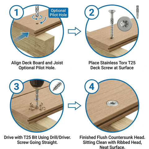 Step-by-step using 100 Pack Stainless Steel Deck Screws #10 x 2-1/2 Inch With Wax Coating For No-Fuss Easy Drive