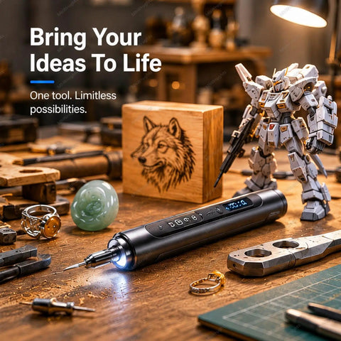 Cordless Ultrasonic Cutter Knife With LED Light, 40k Vibrations Per Second on a workbench with craft tools and models