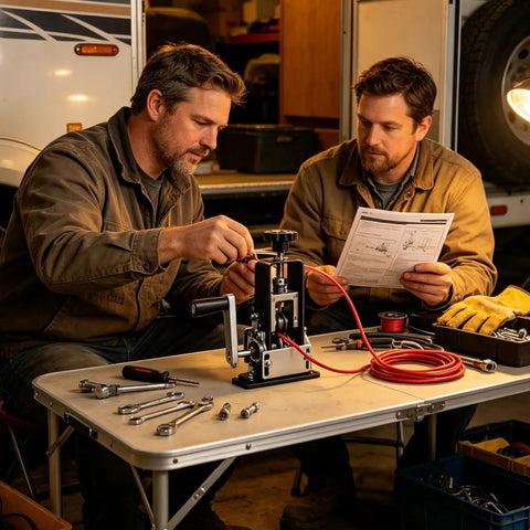 Two men using a Heavy Duty Drill Powered Copper Wire Stripper Portable Hand Crank Peeler Tool on a table with tools.
