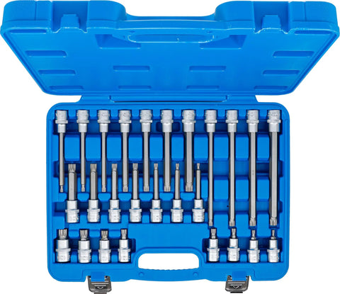 Grease Monkey Approved 26 Piece Half Inch Drive Spline Socket Kit With Long Knurled Shanks And Tough Satin Chrome Plating, in blue case.
