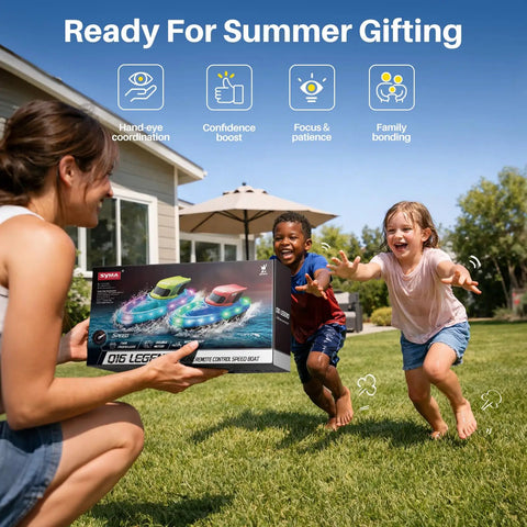 Children excitedly receiving a box of Two Pack RC Boats For Kids Ready To Race With 7 Mode LED Lights Water Spray Dual Batteries.