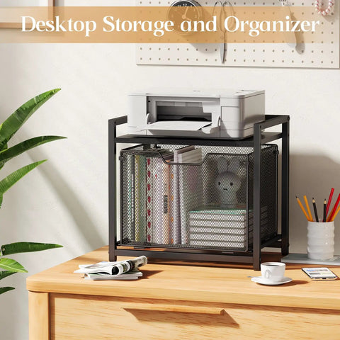 Under Desk Storage Organizer With Drawer Rolling File Cabinet Adjustable Tabletop Double Tier Industrial Shelves On Fixed Feet Wheels Sofa Side Table For Home And Office Black showcasing printer and books on top.